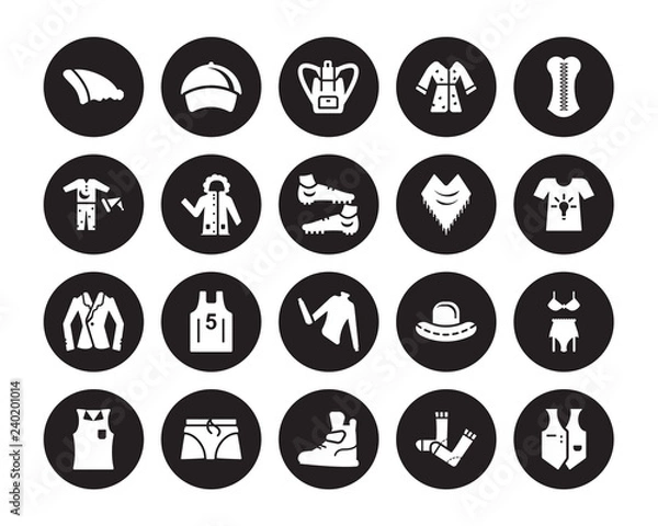 Fototapeta 20 vector icon set : Beanie, Sock, Sneaker, Boxers, Sleeveless Shirt, Corset, Shawl, Turtleneck, Blazer, Parka, Bag isolated on black background