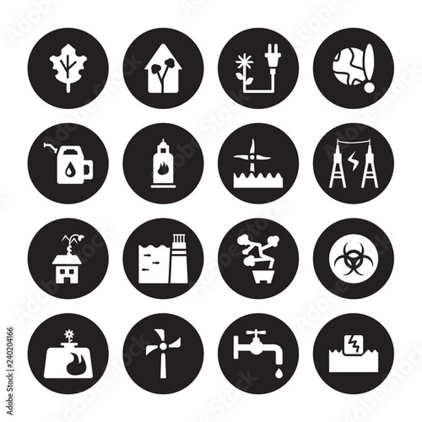 Fototapeta 16 vector icon set : Leaf, Water tap, Wind turbine, Biogas, Biohazard, energy, Gasoline, Eco house, Eolic energy isolated on black background