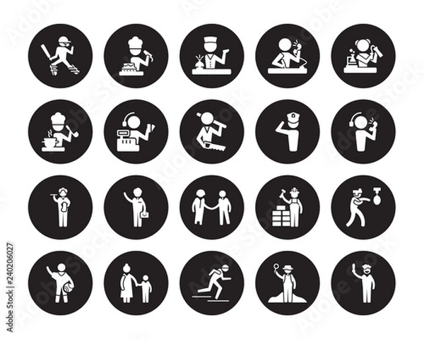 Fototapeta 20 vector icon set : Cricket player, Archeologist, athlete, Baby sitter, Basketball Chemist, captain, HR Specialist, Butler, Cashier, Concierge isolated on black background
