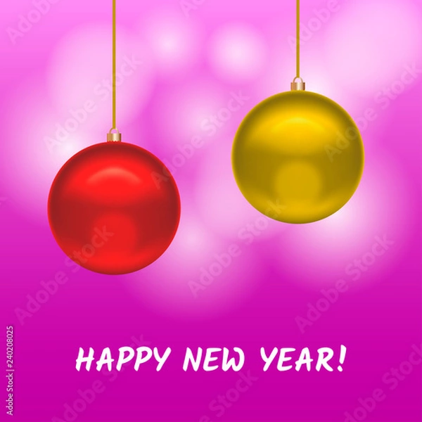 Fototapeta Greeting card with Yellow and Red Christmas decorative balls. Vector illustration. Suitable for poatcard, banners, gretting cards.