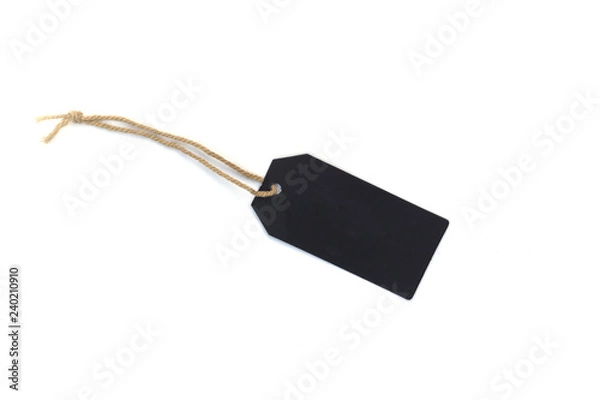 Fototapeta blank black cardboard price tag or label tag with thread isolated on white background.