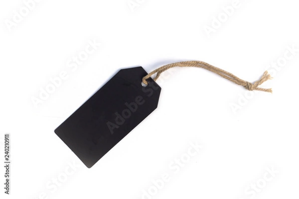 Fototapeta blank black cardboard price tag or label tag with thread isolated on white background.