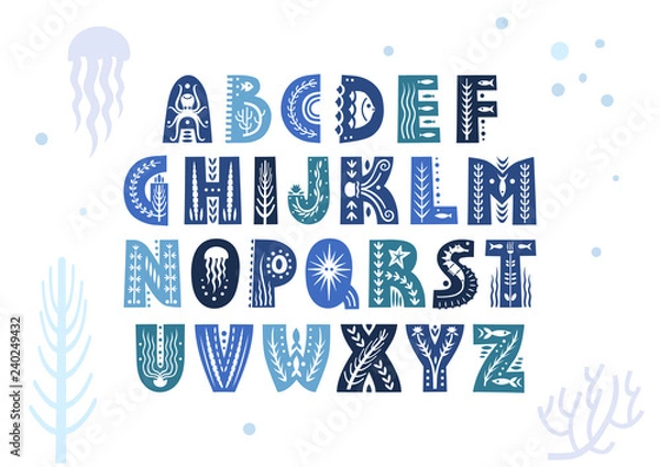 Fototapeta Vector uppercase alphabet decorated with underwater patterns