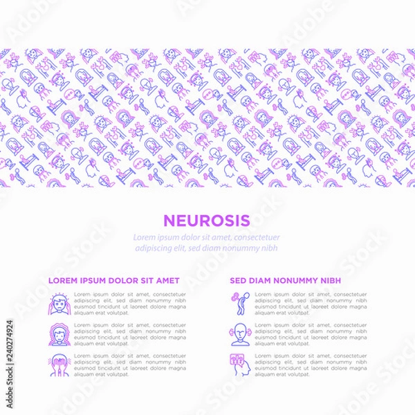 Fototapeta Neurosis concept with thin line icon: panic attack, headache, fatigue, insomnia, despair, phobia, mood instability, stuttering, psychalgia, dizziness. Vector illustration, print media template.