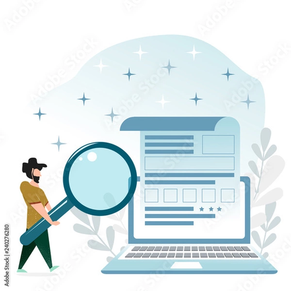 Fototapeta Concept images in a flat style. A man with a beard and a large magnifying glass in his hands, looking for a resume (or page in a social network) on a large laptop. Head hunter. 