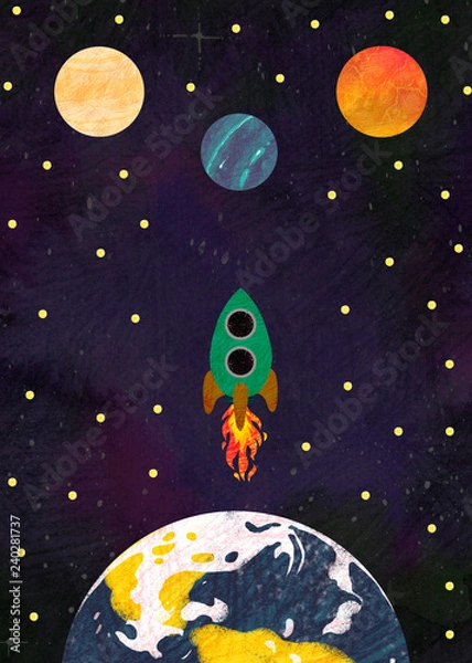Fototapeta rocket flying from Earth. planets and stars