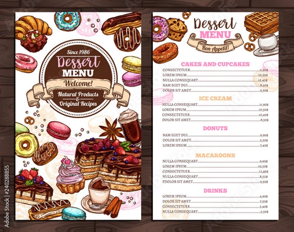 Obraz Hand drawn vector template of menu with desserts, sweets and bakery products. Design with sketch cake, cupcake, donuts, macaroons, muffins, waffle, croissant for café