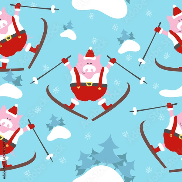 Fototapeta Cute cartoon pink pig the symbol of chinese new year 2019. Baby seamless pattern graphic design page. Funny Piggy in santa hat riding a skiing. Greeting card. Vector illustration