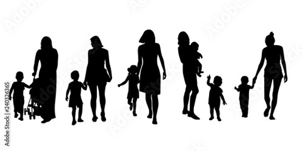 Obraz Set of silhouettes of women with children, vector. 