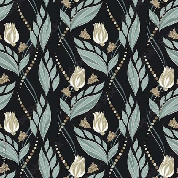 Fototapeta Seamless vector floral pattern with abstract flowers and leaves in gold and silver colors on black background