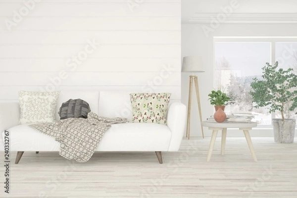 Fototapeta White room with sofa and winter landscape in window. Scandinavian interior design. 3D illustration