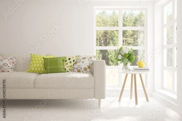 Fototapeta White room with sofa and green landscape in window. Scandinavian interior design. 3D illustration