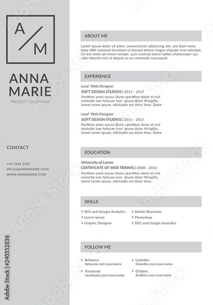 Obraz Clean Resume Template - Gray