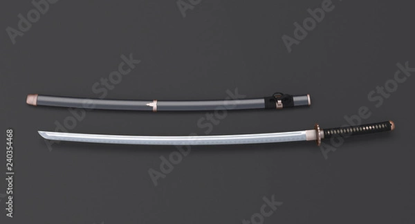 Fototapeta Japanese sword Katana  and sheath on dark background 3d illustration v2