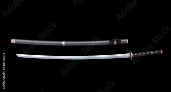 Fototapeta Japanese sword Katana  and sheath isolated on black background 3d illustration v2