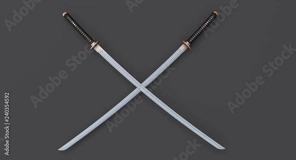 Fototapeta two crossed katana  on gray background  3d rendering