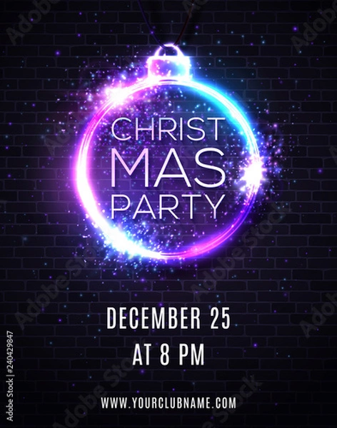 Fototapeta Christmas party night background with lights fireworks sparkle. Xmas decoration shape neon sign. Techno festive ball or bauble. Invitation poster flyer design template on brick wall. 80s style vector.