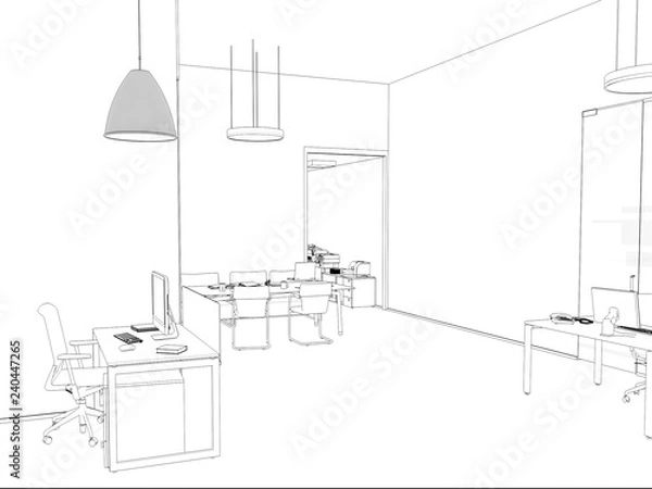 Fototapeta White room as office with desk and laptop computer 3D Rendering