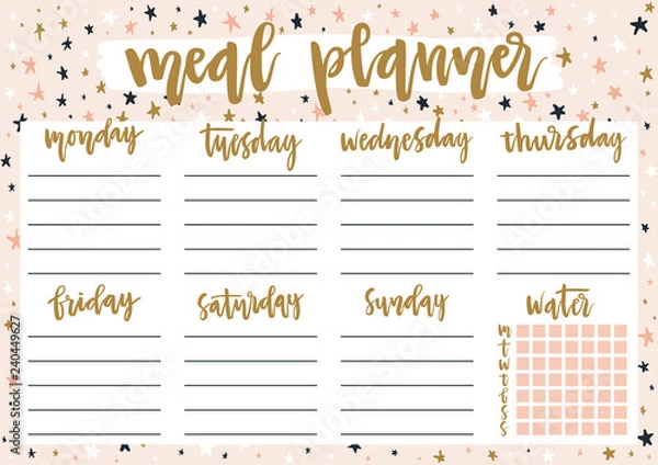 Obraz Cute A4 template for weekly and daily meal planner with lettering on pastel background with stars. Organizer and water check list. Self-organization concept for 2019 year with graphic design elements.