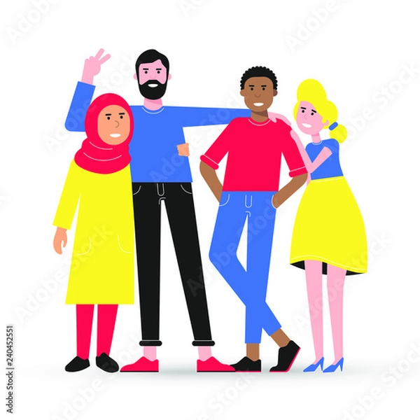 Fototapeta Happy friends from all around the World hugging, happy international friendship day flat style design character vector illustration isolated on white background. Diversity and no limits friendship.