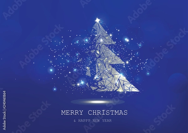 Fototapeta Merry Christmas, tree polygon, confetti, golden glowing particles scatter, poster, postcard Blue luxury in winter background seasonal holiday vector illustration