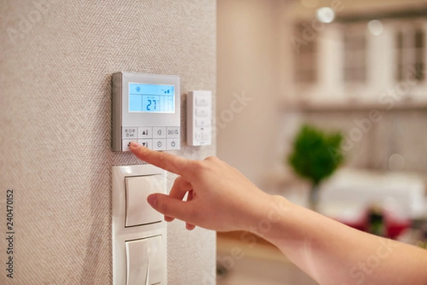 Fototapeta Woman programming temperature inside home