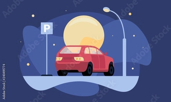 Fototapeta Overnight parking vector illustration with red car near parking sign by moonlight and lantern for web and printing. Coral minivan parked correctly due to rules overnight in the street parking place.