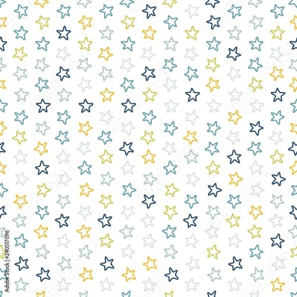Fototapeta Seamless vector pattern with contour colored stars of equal size on white background. Childish background for postcards, wallpaper, papers, textiles, bed linen, tissue 2.1