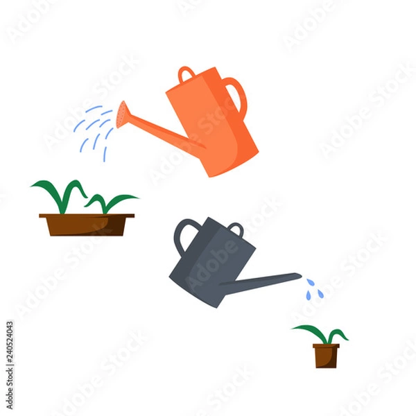 Obraz Old watering cans of different colors and shapes. Watering pots with plants from watering cans.