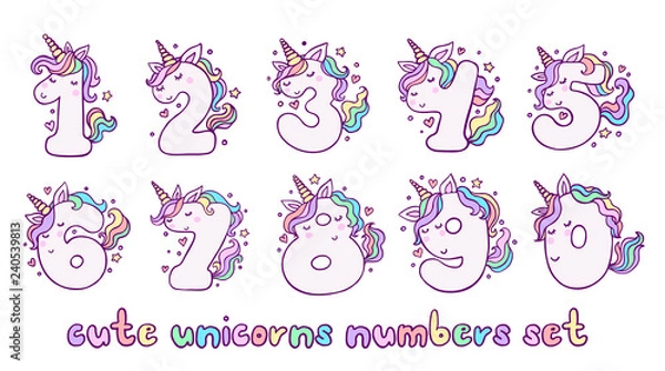 Fototapeta Numbers With Cute Unicorns Character Vector Set