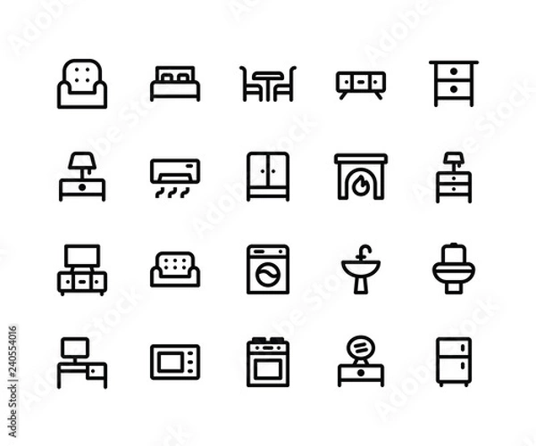 Fototapeta Simple Set of Furniture Related Vector Line Icons. Contains such Icons as sofa, bed, table, cabinet, lamp and More. pixel perfect vector icons based on 32px grid. Well Organized and Layered