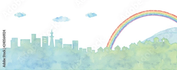 Fototapeta 街並みと虹のイラスト