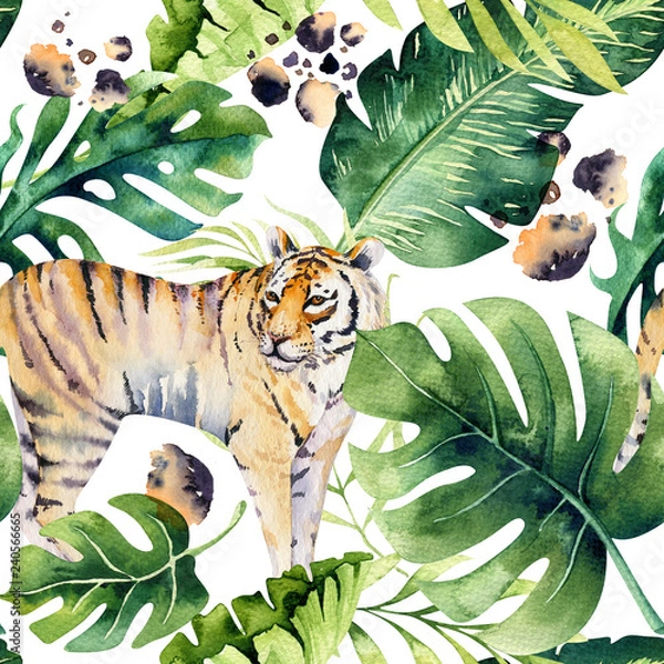 Fototapeta Seamless watercolor animal tiger pattern with tigers with tropical leaves, aloha jungle hawaiian. Hand painted palm leaf. Texture with tropic summer background, paper, textile or wallpaper design.