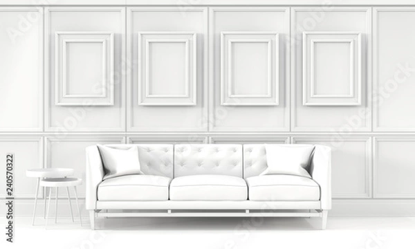 Fototapeta Indoor mockup,white living room with a blank picture frames,  side tables, sofa and cushions.  3D rendering illustration. Real estate, interior design decoration concept.