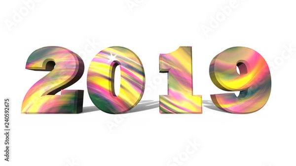 Fototapeta 3D illustration of colorful 2019 letters on White Background.