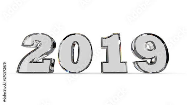 Fototapeta Crystal New Year date number 2019, isolated on white - 3D illustration. Transparent 2019 letters poster.