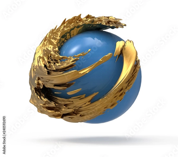Fototapeta 3D illustration of blue planet with golden wave around. Beautiful magic planet as a treasure stone.