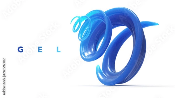 Fototapeta 3D illustration of soft Gel. Blue water spiral jet, brown splash, liquid wave, splashing loops, curvy line, isolated on white background.