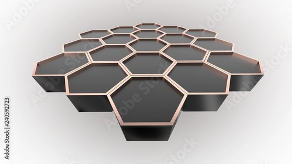 Fototapeta 3D illustration of black honeycombs shape on white background.