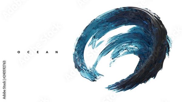 Fototapeta 3D illustration of blue ocean wave, water splashing round frame, aqua, clear liquid splash isolated on white background.