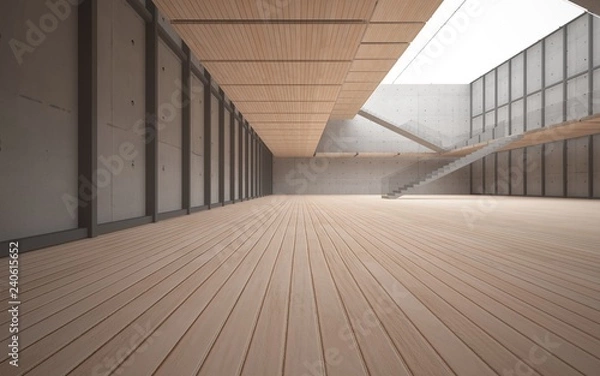 Obraz Abstract  concrete and wood interior multilevel public space with window. 3D illustration and rendering.