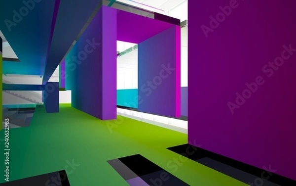 Fototapeta Abstract white and colored gradient glasses interior multilevel public space with window. 3D illustration and rendering.