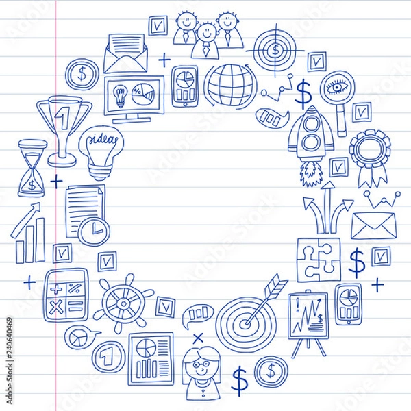 Fototapeta Vector set of bussines icons in doodle style. painted by penon a piece of paper in line.