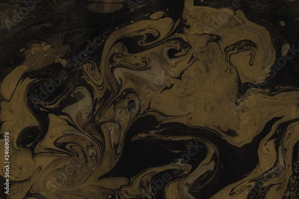 Fototapeta Luxury gold marble ink paper texture on dark watercolor background. Chaotic abstract organic design. Bath bomb waves.