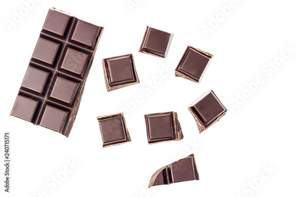 Fototapeta Chopped chocolate cubes, bitter, dark chocolate bar isolated on white background, top view