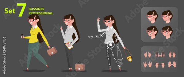 Fototapeta Businesswoman working Stylized character design set for animation. Some parts of body for rig - Vector