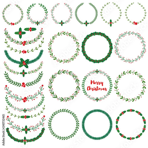 Fototapeta Set of New year, Christmas doodle hand drawn pattern brushes and wreath frames