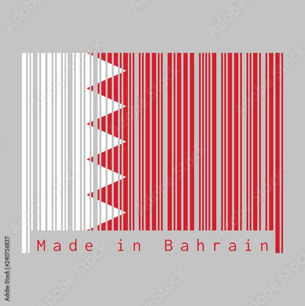 Fototapeta Barcode set the color of Bahrain flag, five white triangles in the form of zigzag on red field, grey background, text: Made in Bahrain. concept of sale or business.