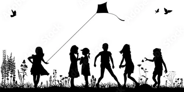 Obraz Children walk in the meadow, in nature. Silhouettes of kids, vector. Summer concept.