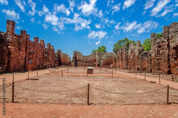 Fototapeta Main nave of the convent seen from the inside towards the pulpit with a clear day in San Ignacio ruins, Misiones, Argentina